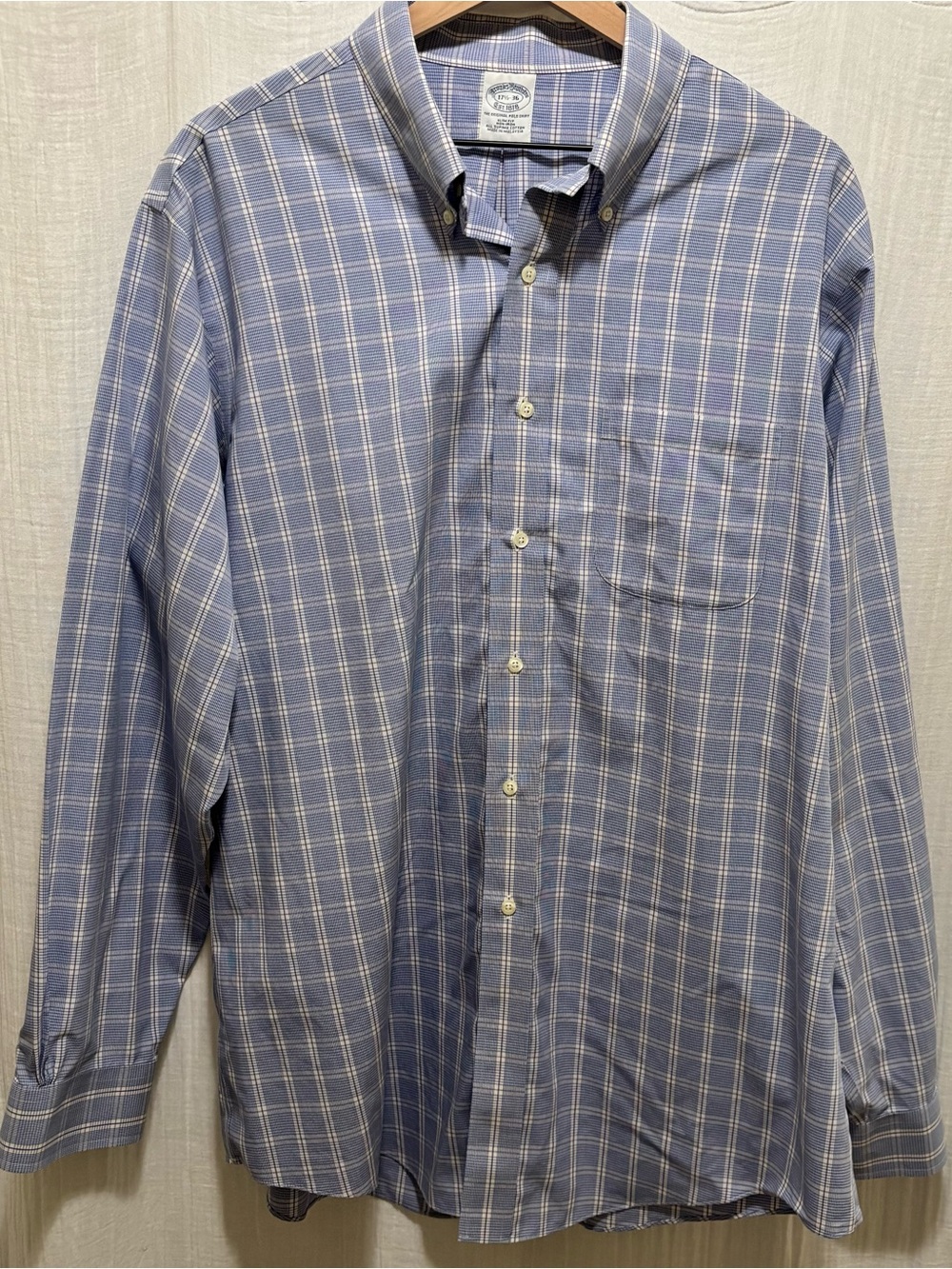 Brooks Brothers Non-Iron Supima Cotton Slim Fit Plaid Shirt Blue 17.5x36